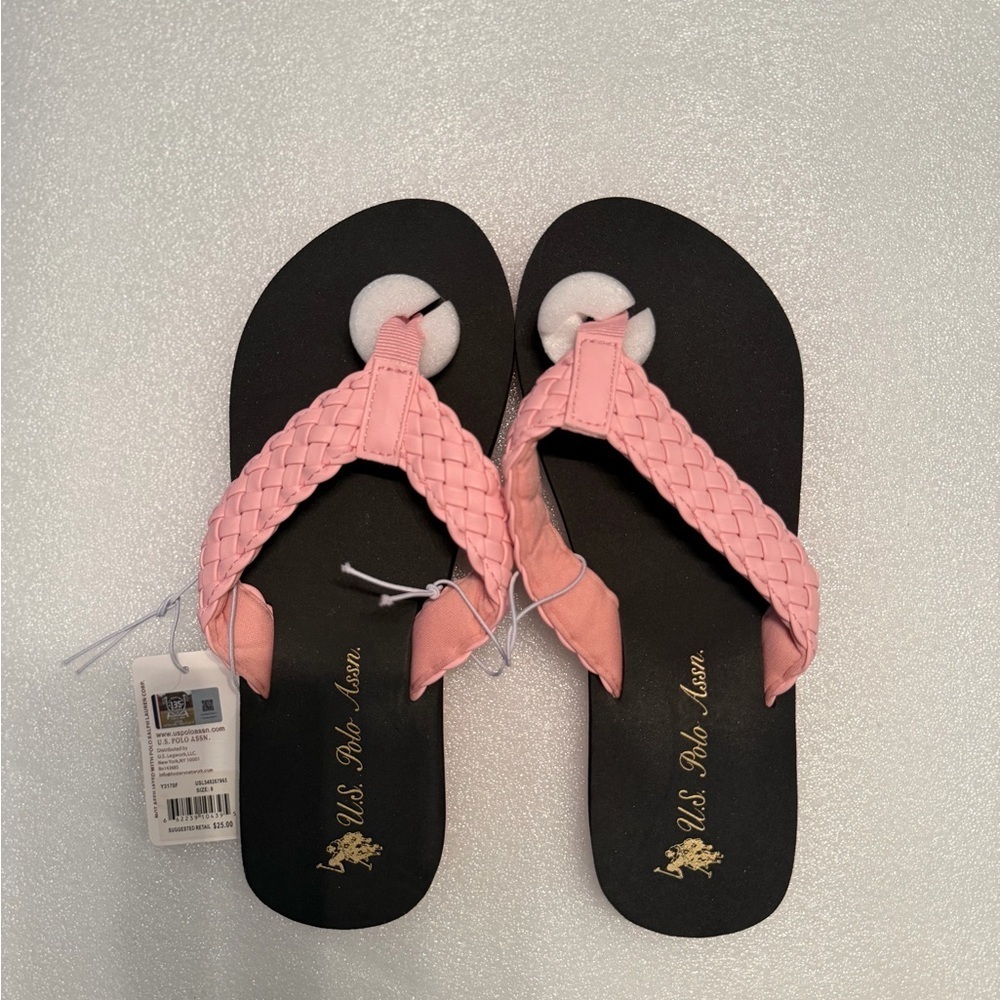 Women’s U.S. Polo Ass. Flip Flops Pink Braided Straps Black Sole Logo